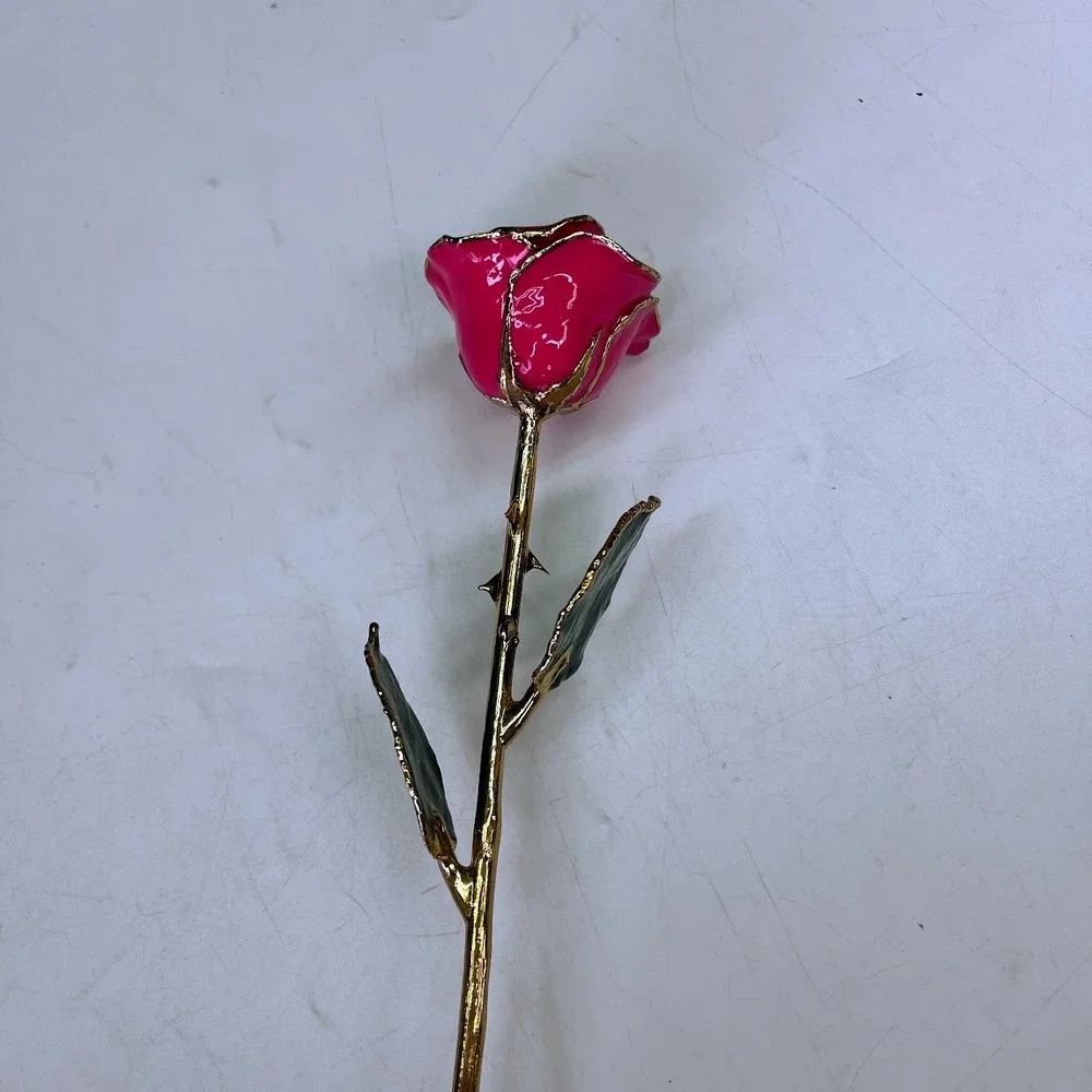 24k Rose Co Pink Real Rose Preserved in Lacquer Trimmed in 24K Gold with Box COA
